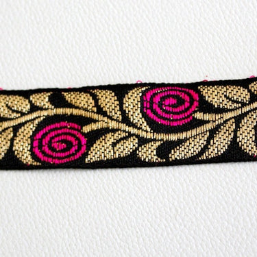 Black Fabric Trim With Fuchsia Rose And Gold Leaves Embroidery, Approx. 30mm Wide